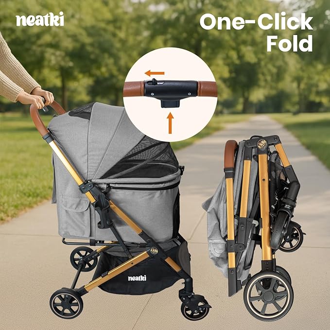 Foldable Pet Stroller for Dogs and Cats, 33 lbs Capacity, 360° Swivel Front Wheels, One-Click Fold, Brake System, Leash &amp; Lock Clips, Removable Washable Padding, and Cup Holder (Gray, 33 lbs)