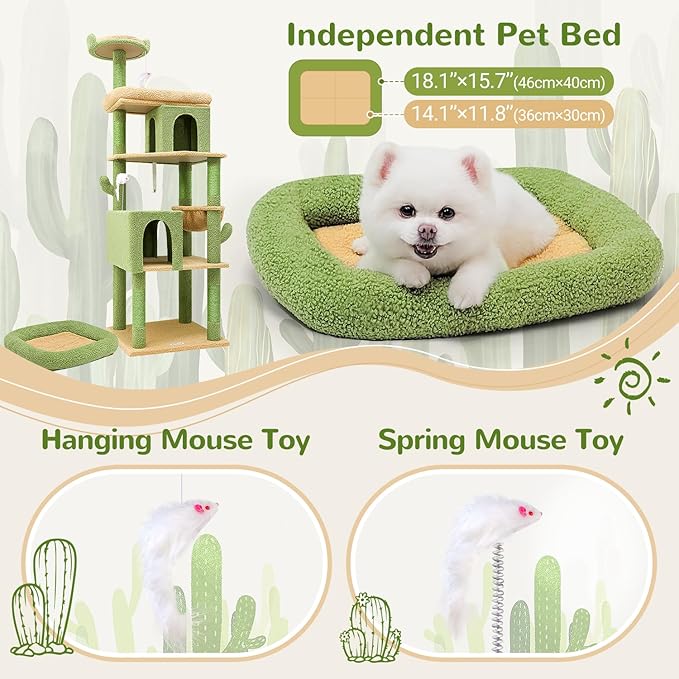 Globlazer Heavy Duty Cactus Cat Tree for Large Cats, Sturdy 72in Maine Coon Cat Tree for Large Cats 20 lbs+ Cactus Cat Tower for Adult Biggest Cats with 6 Scratching Posts, Hammock, S72, Green