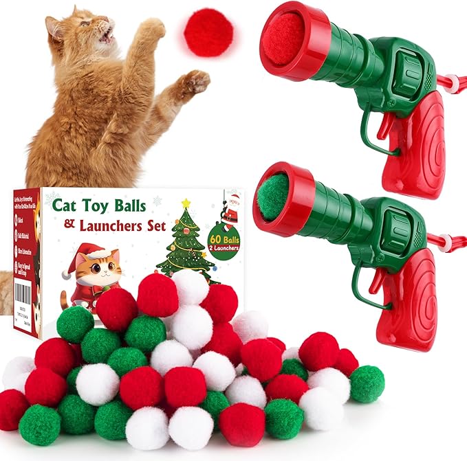 Cat Toy Set (2+60) - Pom Pom Balls &amp; Launchers, Interactive Enrichment Toys
