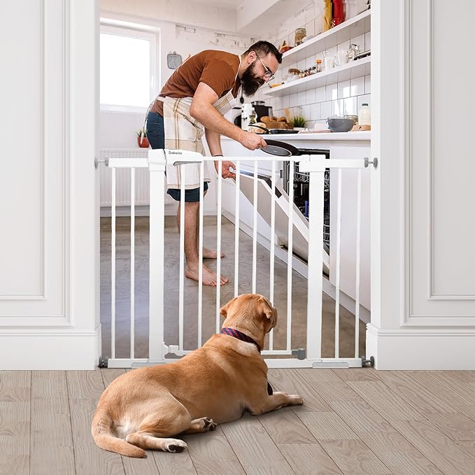 Babelio Metal Baby Gate, 29-43" Auto Close Easy Install Pet Gate, Extra Wide Walk Thru Child Safety Gate, 30" Tall Pressure Mounted Dog Gate for Doorways &amp; Stairs, White