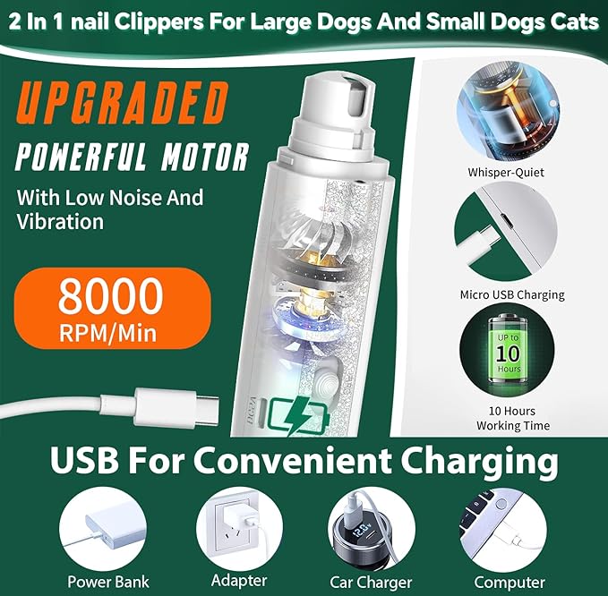 2-in-1 Cat Nail Clippers &amp; Dog Nail Clippers Trimmers for Large Medium Small Dogs Cats Claw Trimmer Quick Sensor and Safety Guard USB Rechargeable with 2 LED Lights Dogs Nail Trimmer