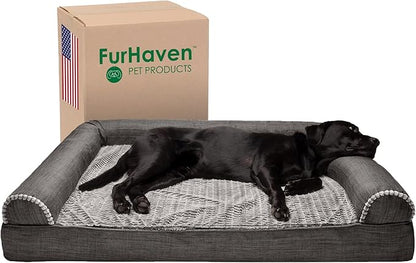 Furhaven Orthopedic Dog Bed for Large Dogs w/ Removable Bolsters &amp; Washable Cover, For Dogs Up to 125 lbs - Luxe Faux Fur &amp; Performance Linen Sofa - Charcoal, Jumbo Plus/XXL