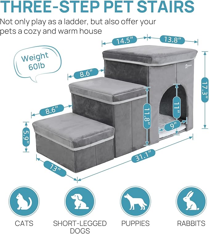 Foldable Pet Stairs for Beds &amp; Sofas - Non-Slip Dog Steps with Storage for Small to Medium Dogs &amp; Cats, Supports up to 120 lbs - Durable 2 &amp; 3-Step Doggie Ladder for Easy Access