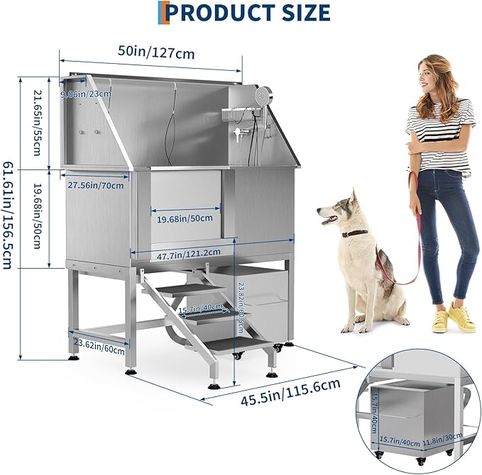 50" Stainless Steel Professional Dog Washing Station - Pet Bathing Tub w/Non-Slip Stairs &amp; Storage Shelf | Slip-Resistant Floor Grate | for Large/Medium/Small Dogs