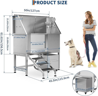 50" Stainless Steel Professional Dog Washing Station - Pet Bathing Tub w/Non-Slip Stairs &amp; Storage Shelf | Slip-Resistant Floor Grate | for Large/Medium/Small Dogs