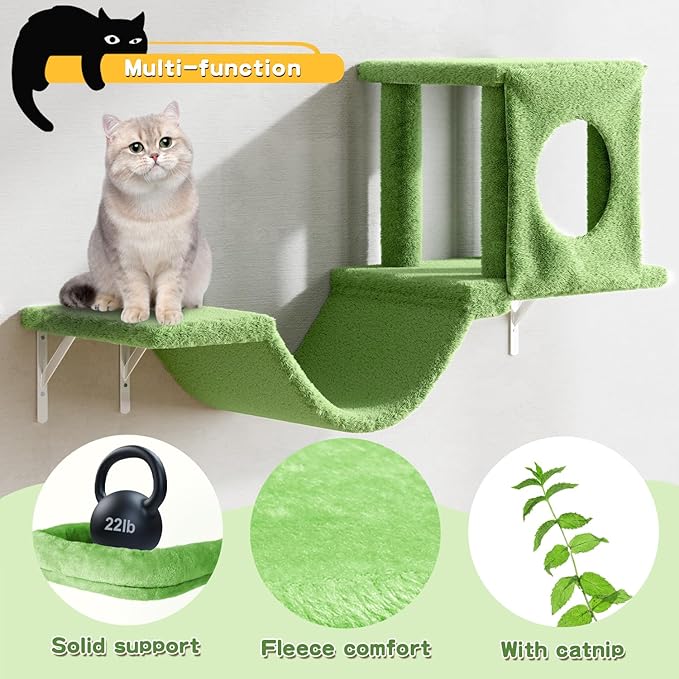 NUNU LAB Wall Mounted Cat Furniture, 6 Pcs Cat Wall Shelves with Condo House, Bridge, Steps, Scratcher, Hammock, Indoor Safe &amp; Stable Furniture for Kittens Play, Green