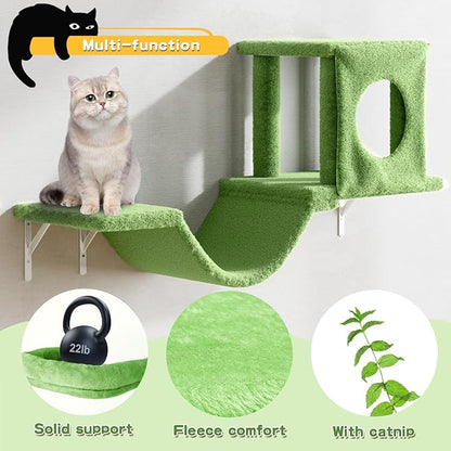 NUNU LAB Wall Mounted Cat Furniture, 6 Pcs Cat Wall Shelves with Condo House, Bridge, Steps, Scratcher, Hammock, Indoor Safe &amp; Stable Furniture for Kittens Play, Green