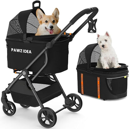 PAWZIDEA Pet Stroller 4 in 1, Dog Strollers for Small/Medium Dogs/Cats with Detachable Carrier NO-Zip Canopy, Seatbelt Puppy Car Seat Combo, Foldable &amp; Lightweight Jogger Cat Strollers, Storage Basket