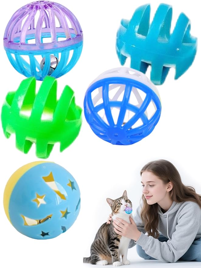 5-Piece Cat Toy Balls with Bells for Kittens and Indoor Cats, Over The Moon(1.5&