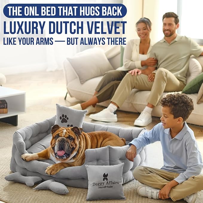 Luxury Dog Bed Chesterfield – Handcrafted Velvet Throne for Dogs | Joint Support, Calming &amp; Temp-Regulating Comfort | Durable 5+ Years, Anti-Claw, Washable 100+ Times – L, Gray