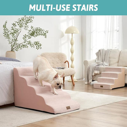 Wide Dog Stairs 19.7" Width, Pet Step for Small/Medium/Large Dog, Puppy or Cat, Pet Ramp for High Bed or Car, High Density Foam Ladder, 19.7x33x22.4 in, Stable, 5 Step, Pink