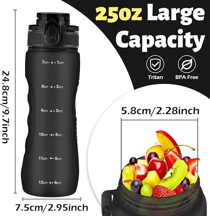 OLDLEY 25 oz Water Bottle, Motivational Water Bottle with Time Marker, Sports Water Bottle With Strap, Leakproof &amp; BPA Free Large Water Bottles for School, Gym, Travel, Outdoor, Tritan,Black