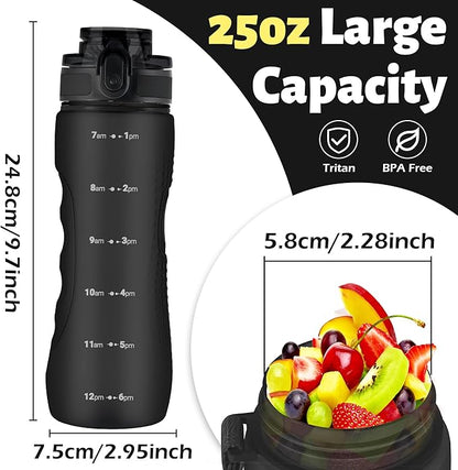 OLDLEY 25 oz Water Bottle, Motivational Water Bottle with Time Marker, Sports Water Bottle With Strap, Leakproof &amp; BPA Free Large Water Bottles for School, Gym, Travel, Outdoor, Tritan,Black