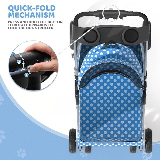 Magshion Foldable Pet Stroller, 3-in-1 Dog Travel Jogger with Detachable Carrier, Cup Holder, Storage Basket, Folding Carrier for Small/Medium Dogs &amp; Cats Up to 33 lbs, Sky Blue Polka Dots
