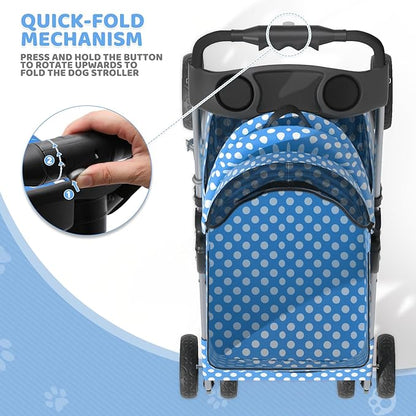 Magshion Foldable Pet Stroller, 3-in-1 Dog Travel Jogger with Detachable Carrier, Cup Holder, Storage Basket, Folding Carrier for Small/Medium Dogs &amp; Cats Up to 33 lbs, Sky Blue Polka Dots