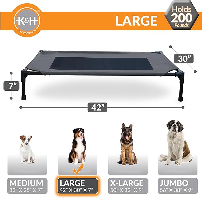 K&amp;H Pet Products Outdoor Elevated Dog Cot, Breathable Cooling Elevated Cot Hammock Pet Bed for Large Dogs, Washable Mesh Cover, Raised Metal Frame, Collapsible, Portable - Large 42 X 30in Charcoal