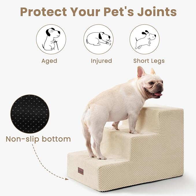 Dog Stairs for Small Dogs &amp; Cats, 3-Step Extra Wide Non-Slip Pet Steps for Couch Sofa and Chair, Beige, 15.7" H