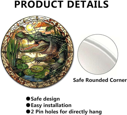 Lygond Metal Sign Tin Sign Circular Stained Glass Alligator Tin Signs for Garden for Pub 8×8 Inches