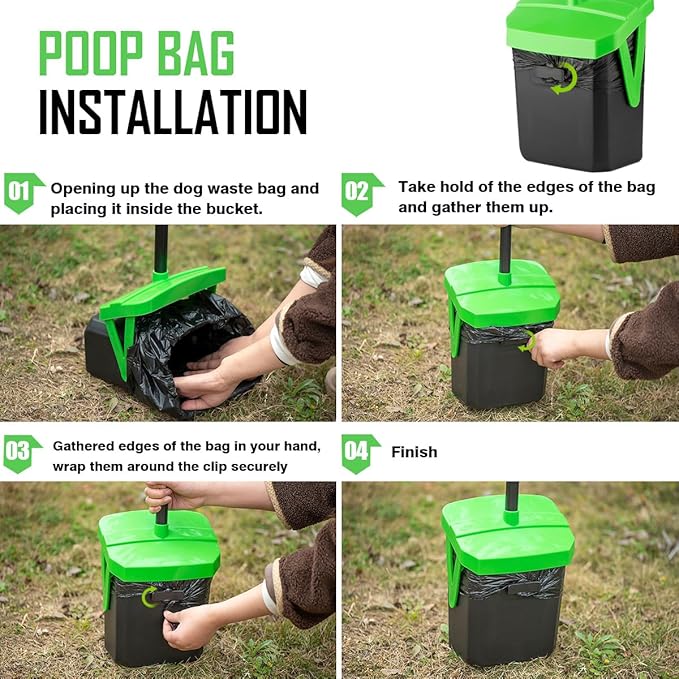 Pooper Scooper Swivel Bin &amp; Rake with 100 Waste Bags, Dog Pooper Scooper with Bag Attachment for Large Medium Small Dogs, Poop Scooper with Lid for Lawn Yard Dog Kennel