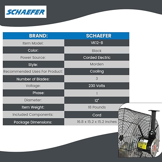 Schaefer VK12-B VersaKool Air Circulator Ceiling Wall Mount Greenhouse Fan &amp; Aluminum Blade, 1470 CFM, 1/10 hp, Energy-Efficient Commercial Fan for Patio, Garage, Industrial &amp; Workshop (Black)