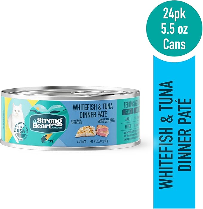 A Strong Heart Canned Wet Cat Food, Whitefish &amp; Tuna Dinner Paté - 5.5 oz Cans (Pack of 24), Made in The USA with Real Ocean Whitefish &amp; Tuna