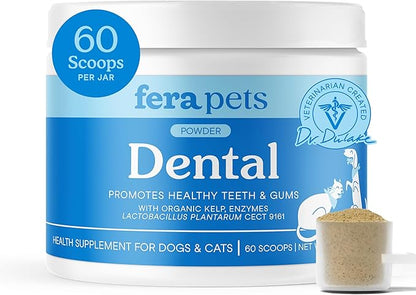 Fera Pets Cat &amp; Dog Dental Support Powder - Supports Fresh Breath - Promotes Healthy Teeth and Gums - Targets Tartar Build-Up - Includes Kelp, Enzymes &amp; Postbiotics - 60 Scoops