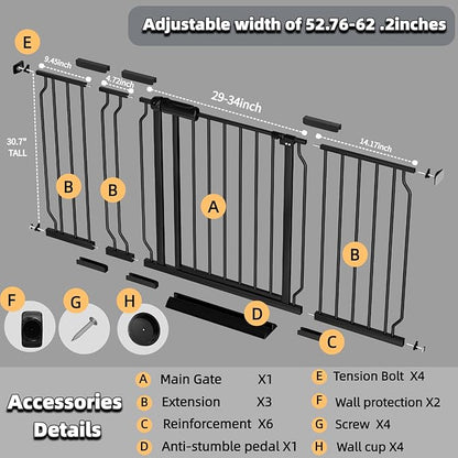 TSAYAWA Walk Through Baby Gate with Door, 52.76~62.2 Inch Wide Presure Mounted No Drill Metal Auto Close Child Gate for Stair Doorway - Indoor Outdoor Safty Gate for Toddler Dog Doggie, Black
