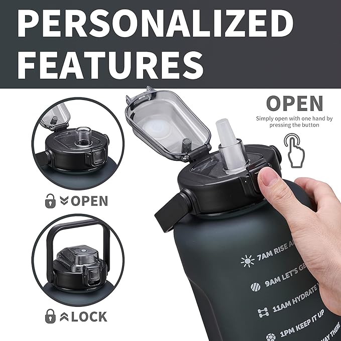 64oz,100oz,128oz Large Motivational Water Bottle with Time Marker, Leakproof &amp; BPA Free Half Gallon Big Water Bottle with Straw Handle Tritan Frosted Water Jug for Gym,Fitness,Outdoor Sports