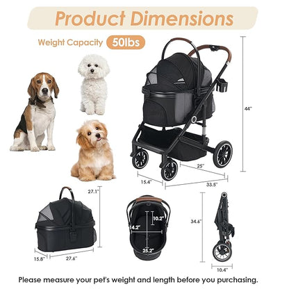 Pet Stroller with 4 Wheels, 3 IN 1 Folding Puppy Strollers for Small/Medium Dogs Cats up to 50lbs, Lightweight Pet Travel Carrier with Detachable Cushion, Storage Basket and Cup Holder, Black