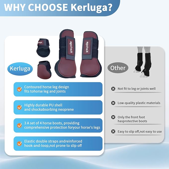Horse Tendon Boots Set of 4 Open Front &amp; Fetlock Boot for Horses Professional Sport Protection Impact-Absorbing Equine Leg Support for Jumping, Riding, Training (Wine Red, Full)