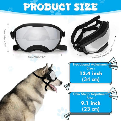 Dog Goggles for Large Dogs, UV Wind Dust Fog Protection, Soft Frame Adjustable Dog Sunglasses, Summer Driving &amp; Winter Snow Eyewear, Tactical Pet Glasses with Elastic Strap (Black)
