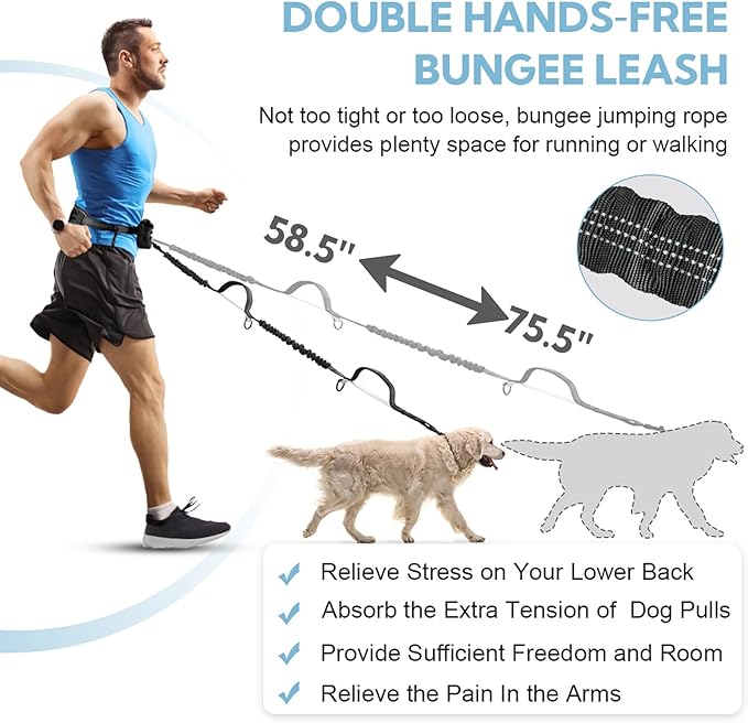 Hands Free Dog Leash, Adjustable Waist Belt with Double Padded Handles, Retractable Bungee for Medium &amp; Large Dogs, Waist Leash for Dog Walking, Running, No Pull, Black