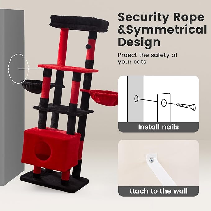 Gardner Pet 65in Heavy Duty Cat Tree Tower for Large Cats, Multi-Level Cat Furniture with Replaceable Sisal Scratching Post, Hammock | Extra-Large Platform &amp; Condo (Black Red, Basic φ:2.84")
