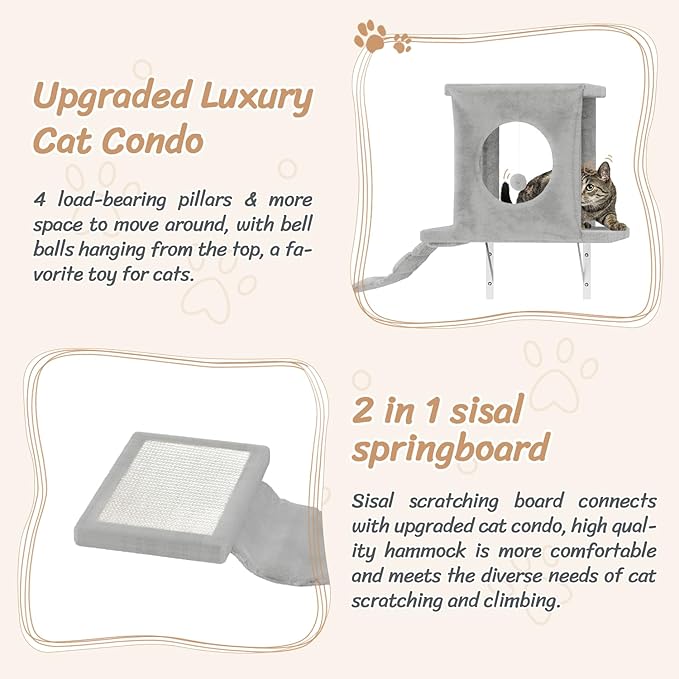 NUNU LAB Wall Mounted Cat Furniture, 7 Pcs Cat Wall Shelves with House, Tunnel, Bridge, Steps, Scratcher, Hammock, Bed, Indoor Safe &amp; Stable Furniture for Kittens Play, Gray