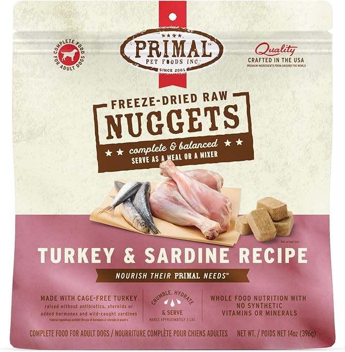 Primal Freeze Dried Raw Dog Food Nuggets, Turkey &amp; Sardine Complete &amp; Balanced Meal, Also Use as Topper or Treat, Premium, Healthy, Grain Free, High Protein Raw Dog Food, 14 oz