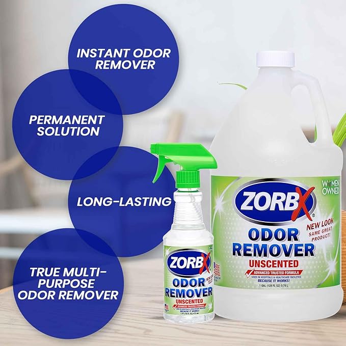 ZORBX Unscented Odor Eliminator for Strong Odor 16 Oz + 128 Oz - Used in Hospitals &amp; Healthcare Facilities - Advanced Trusted Formula, Fast-Acting Odor Remover Spray for Dog, Cat, House &amp; Carpet