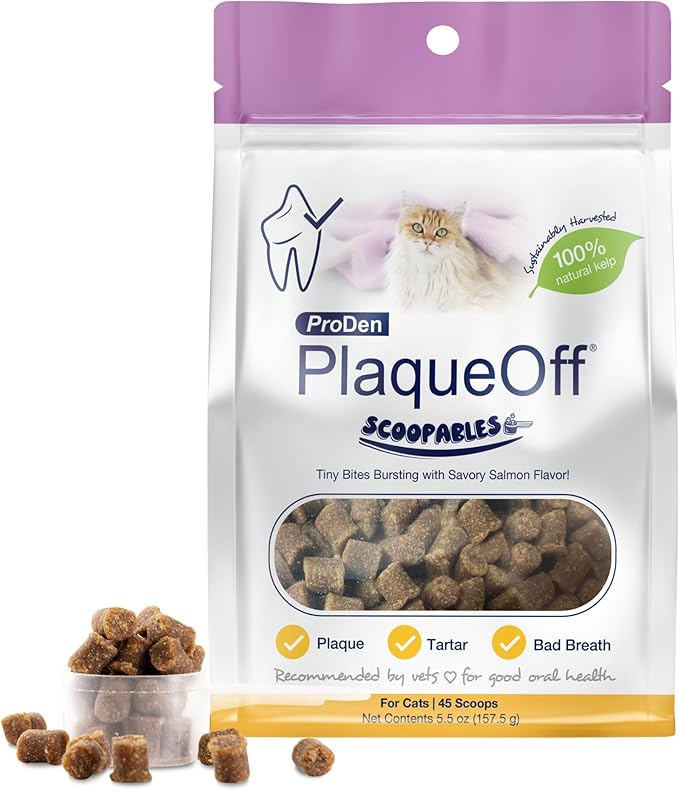 ProDen PlaqueOff Scoopables: Salmon-Flavored Dental Bites for Cats - Natural Kelp Formula for Plaque &amp; Tartar Control, Freshens Breath- 45 Scoops