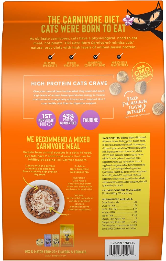 Tiki Cat Born Carnivore High Protein, Deboned Chicken &amp; Egg, Grain-Free Baked Kibble to Maximize Nutrients, Dry Cat Food, 11.1 lbs. Bag