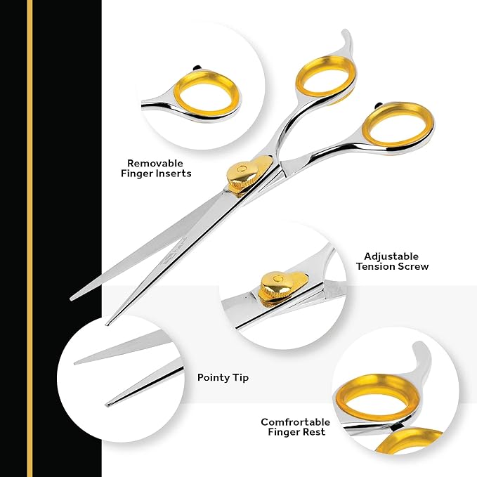 Sharf Gold Touch Pet Grooming Shear | Straight Cat &amp; Dog Grooming Scissors | 6.5 Inch | 440c Japanese Stainless Steel Pet Dog Shearing Scissors | Animal Shears with Removable Comfort Rings