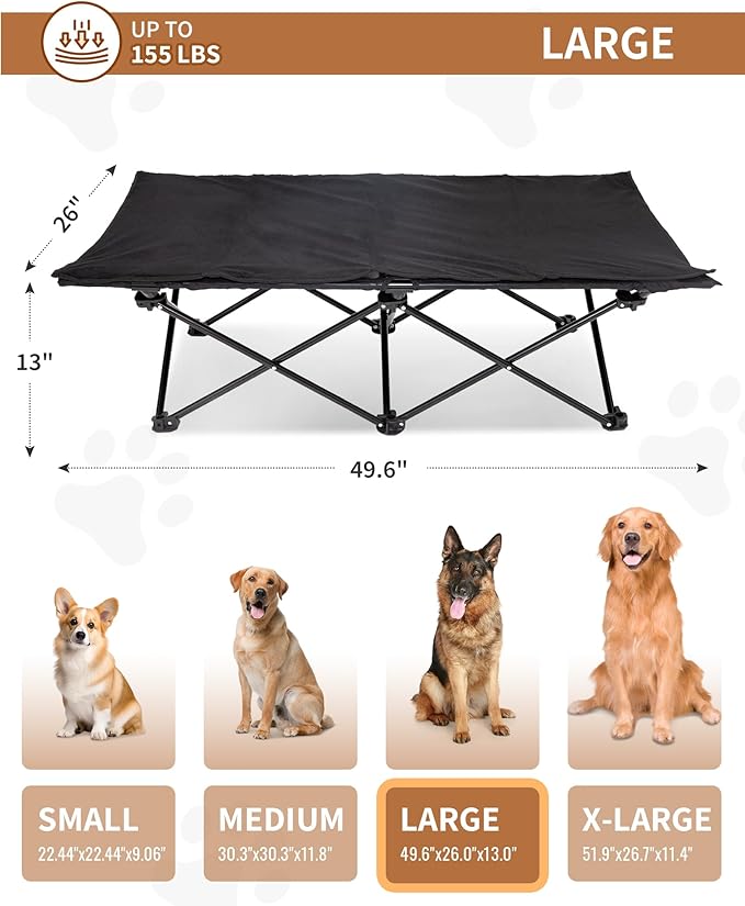 KingCamp Elevated Dog Bed for Large Dogs, Outdoor Raised Cooling Pet Cot Bed with Washable Breathable Mesh &amp; No-Slip Feet Perfect for Camping, Backyard, Indoor Use (L, Black)