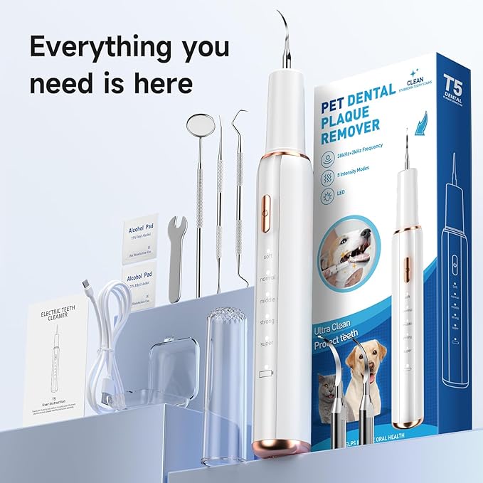 Electric Dog Plaque &amp; Tartar Remover - Pet Teeth Cleaning Kit with LED Light, 5 Adjustable Modes, Safe and Low Noise – Easy Home Dental Care for Dogs and Cats