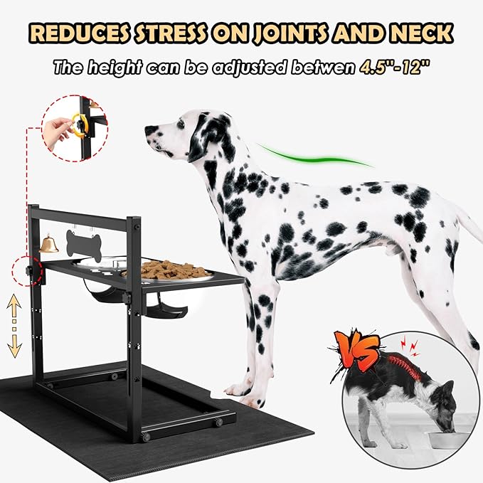 Elevated Dog Bowls with Slow Feeder and Spill Proof Mat, Adjustable Height 4.3-11.8&