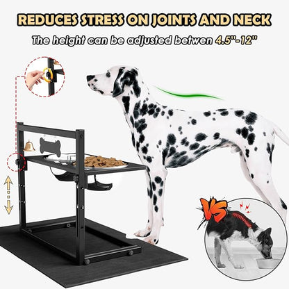 Elevated Dog Bowls with Slow Feeder and Spill Proof Mat, Adjustable Height 4.3-11.8&