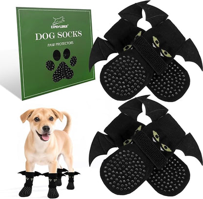 EXPAWLORER Halloween Anti Slip Dog Socks to Prevent Licking Paws, Boots &amp; Paw Protectors with Grippers,Doggie Booties for Hardwood Floors for Small Medium Large Senior Dogs Costume Black Devil Wings S