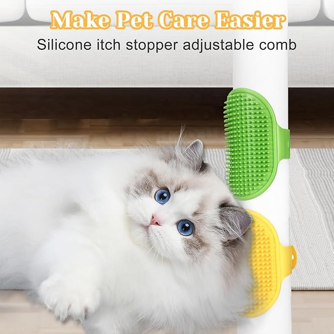 4Pcs Adjustable Cat Self Groomer, Silicone Cat Brushes for Indoor Cats Grooming Self Cleaning, Cats Face Scratchers Massager for Corner Scratcher, Pet Supplies (Green &amp; Yellow)