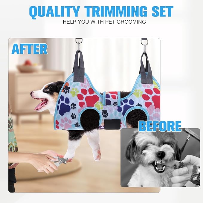 PAWCHIE Dog Grooming Hammock Harness for Dogs &amp; Cats with Pet Nail Clipper Trimmer - Cat Hanger Sling for Trimming Clipping Nails- Dog Hammock Restraint Bag for Small Medium Large Dog, Blue S