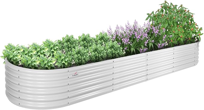 A ANLEOLIFE 12X3X1.5 ft Galvanized Raised Garden Beds Outdoor, Oval Extra Large Metal Planter Box for Planting Vegetables Flowers Herb, Anti-Rust &amp; Easy-Setup, Antique White