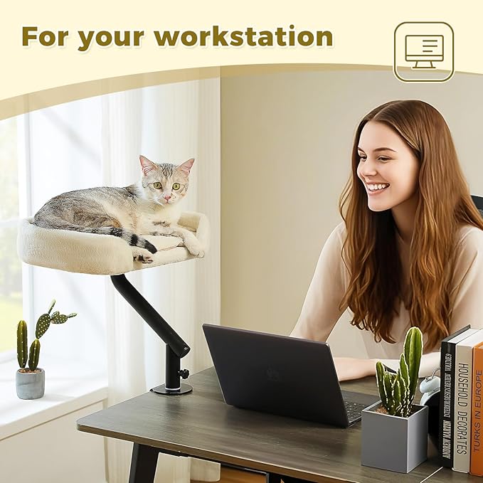 PAWZ Road Cat Desk Bed for Indoor Cats, Cat Bed for Desk Supports Up to 50 lbs, 360° Rotation &amp; Adjustable, Nest Desktop Attachment Cats Hammock for Table, White