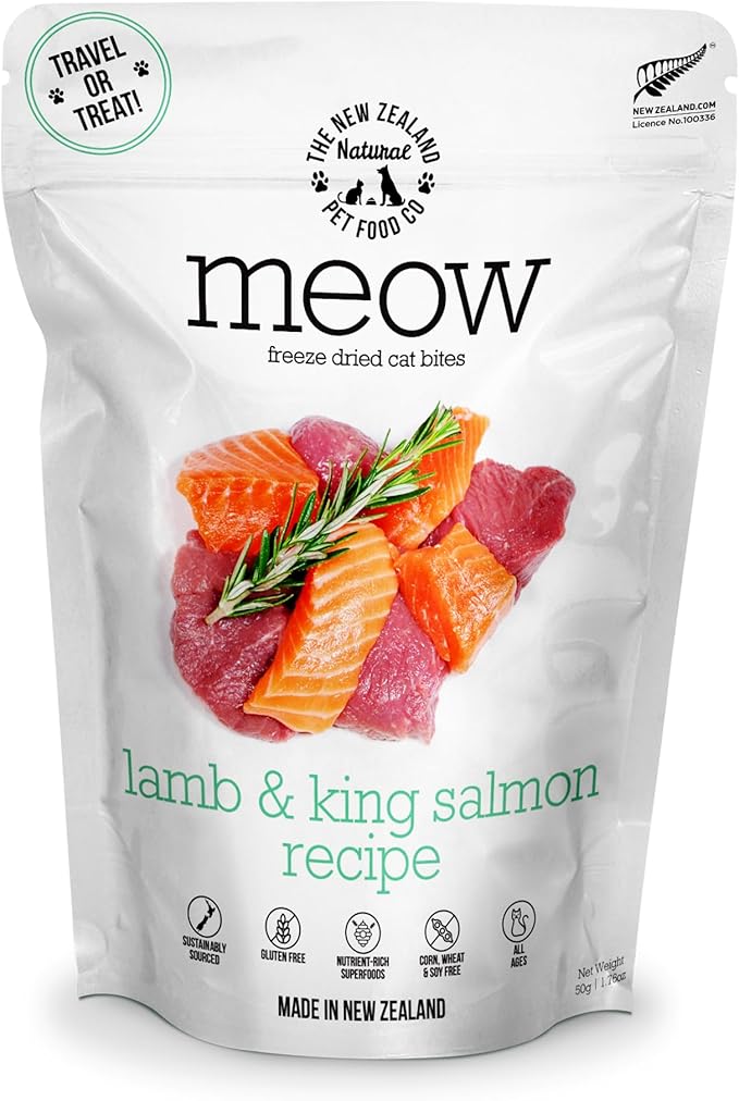 Meow Lamb &amp; King Salmon Freeze Dried Raw Cat Food, Mixer, or Topper, or Treat - High Protein, Natural, Limited Ingredient Recipe 1.76 oz
