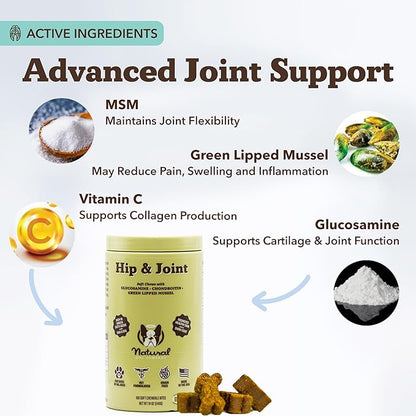 Natural Dog Company Hip &amp; Joint Chews for Dogs with Glucosamine for Dogs + Chondroitin, MSM &amp; Turmeric, Supports Mobility &amp; Reduces Discomfort, Stiffness, Natural Pain Relief Joint Supplement. 180 Ct